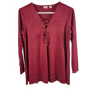 Westbound Women's Petite Sz PM Red Wine Faux Suede Long Sleeve Tasseled Top